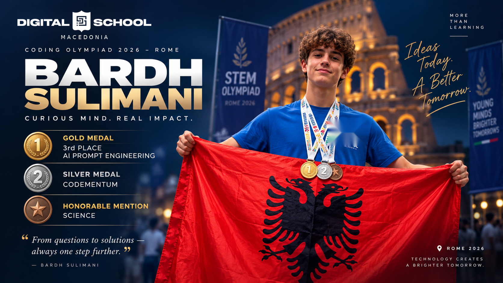 Bardh Sulimani — 3rd Place Gold AI Prompt, Silver Codementum dhe Honorable Mention Science, Grand Final Rome 2026