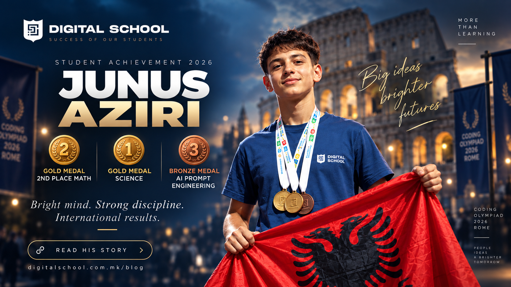 Junus Aziri — 2nd Place Gold Mathematics, Gold Science dhe Bronze AI Prompt Engineering, Grand Final Rome 2026